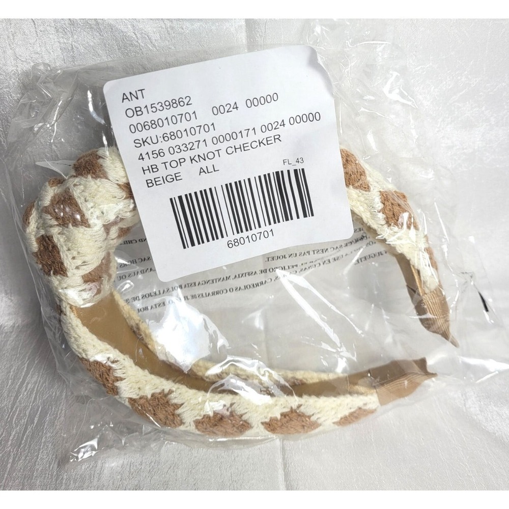 Anthropologie Top-Knot Checker Cotton Crochet Head Band - Beige & White